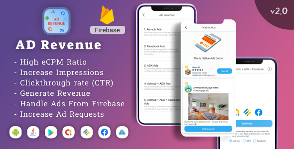 Ad Revenue : High eCPM, CTR, Impressions Ads Demo, All Ads are handle from firebase 3.0