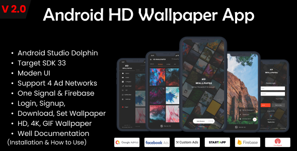 Android Wallpaper Mobile App- HD. 4K. 2K. Gif- AdMob, Facebook