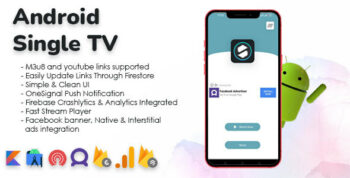 Single TV Live Streaming App with m3u8 & Youtube Player (admob & facebook ads)