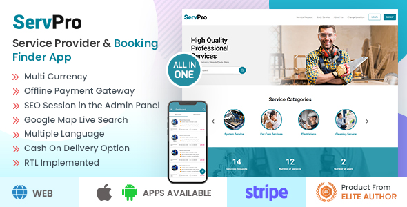 SERVPRO – On Demand Nearby Service Provider & Booking Finder Application Software (Web+Android+iOS) 1.9.9