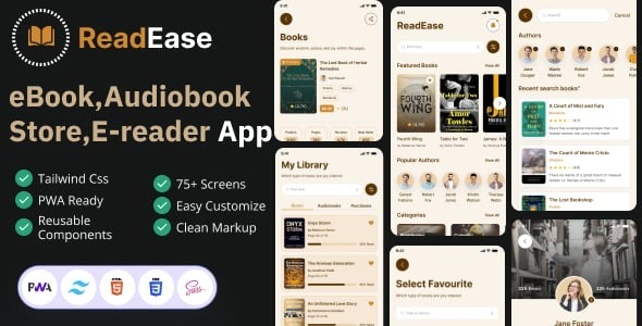 ReadEase – Ebook Store & Reader App UI Kit (Tailwind CSS + PWA)