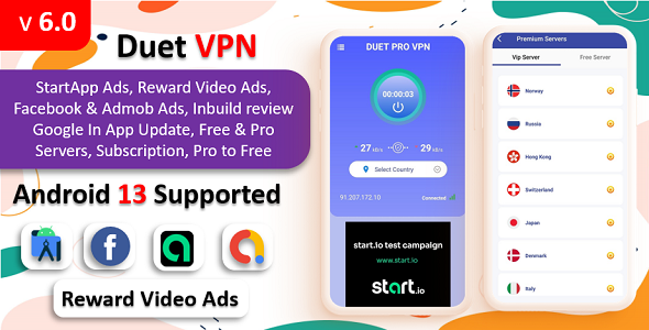 Duet Pro VPN App | Secure VPN App & Fast VPN | Subscription | StartApp Ads | Facebook & Admob Ads 13.0